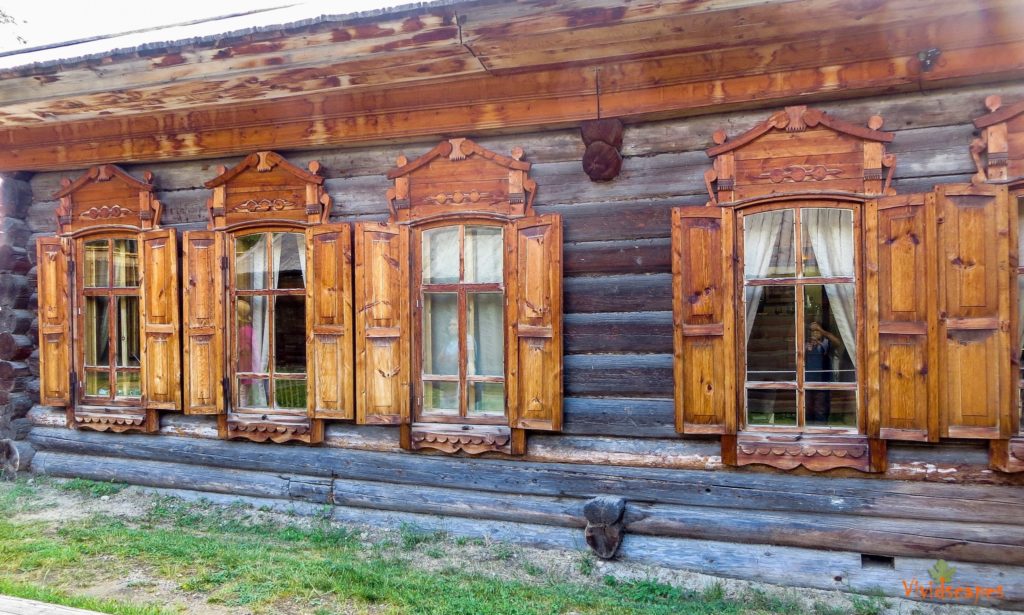 Ornate carved windows in the Taltsy museum of wooden architecture