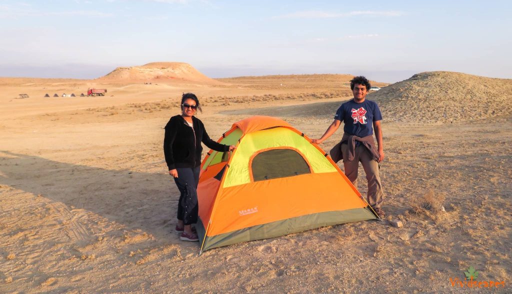 Setting up our tents for the night at the Darvaza desert